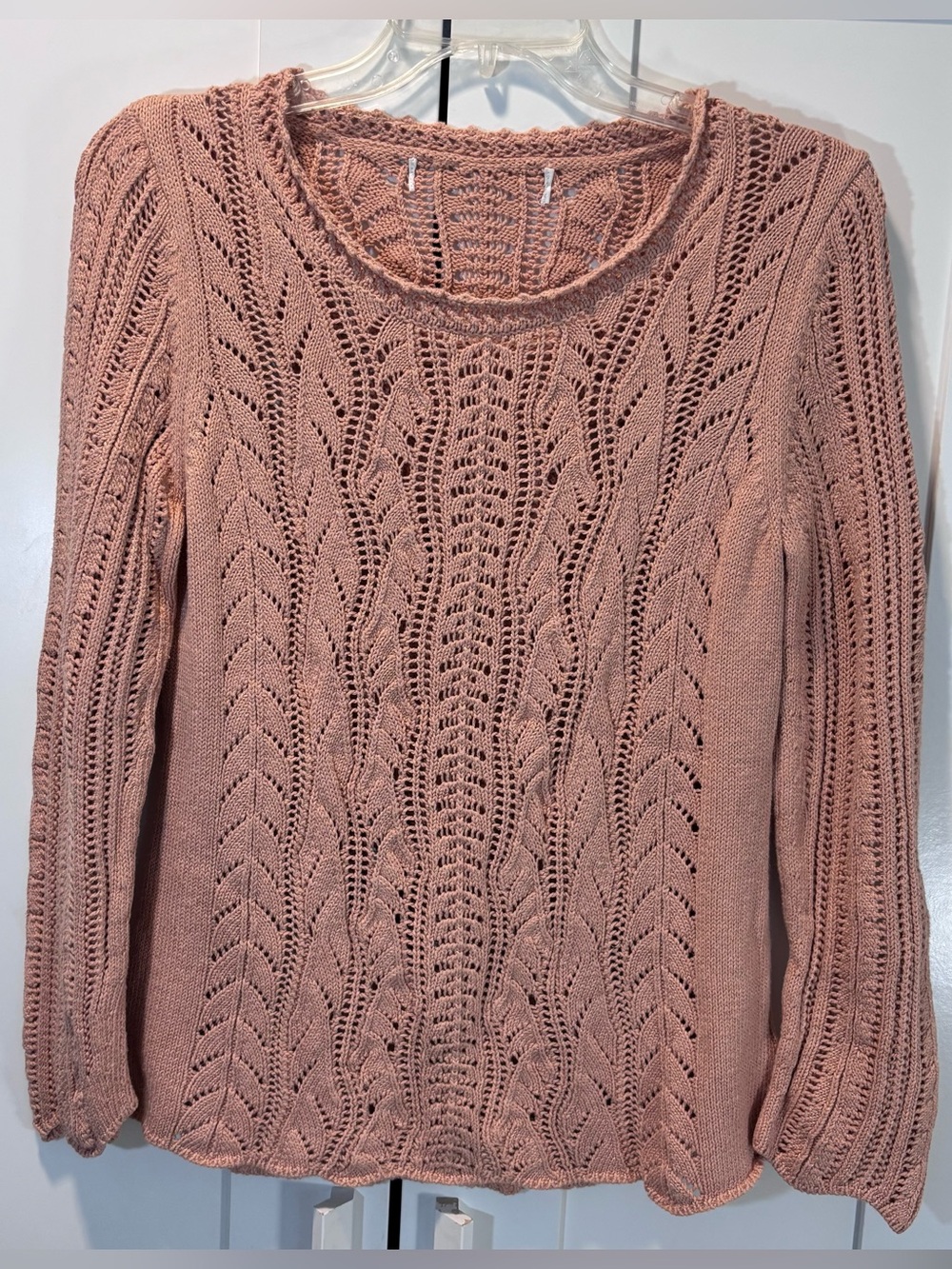Anthropologie Cotton Pointelle Open Knit Bell Sleeve Sweater Dusty Rose Pink M